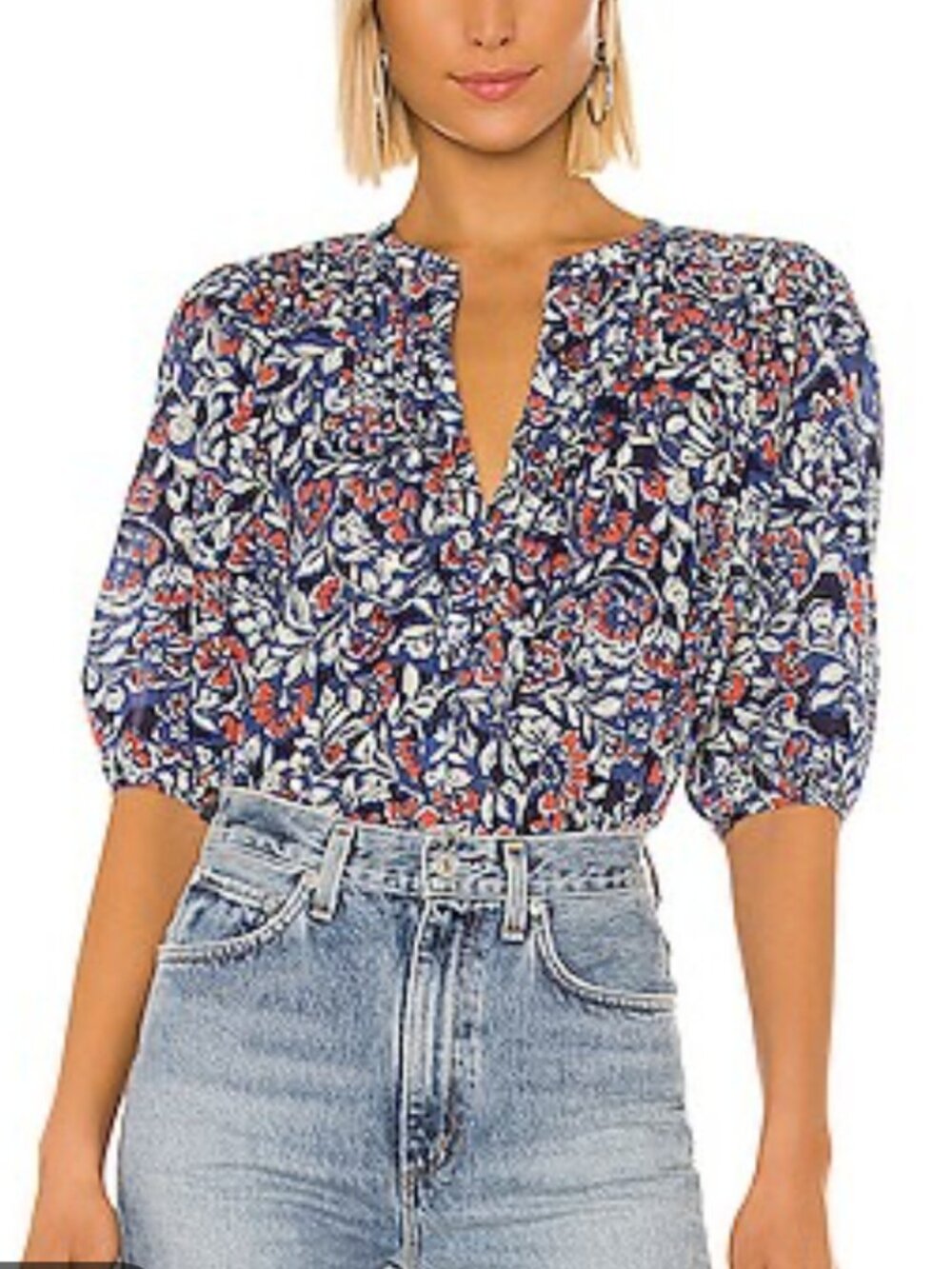 🌟 VELVET 🌟 PRINTED JUDE SHORT SLEEVE BUTTON FRONT BLOUSE BLUE HENNA SZ M